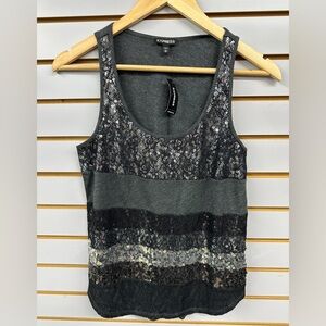 Express Gray Sequin Black Lace Striped Tank Top Womens Size XS NWT